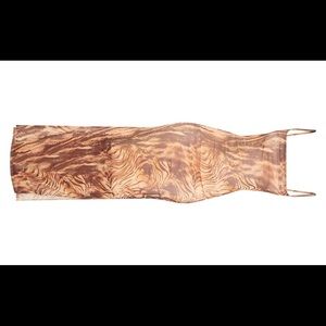 Brown Printed Mesh Ruched Maxi Dress